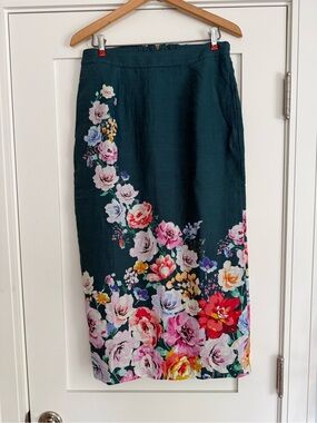 Sundance Linen Skirt Teal Midi with Bold Floral Border Pockets Lined New
